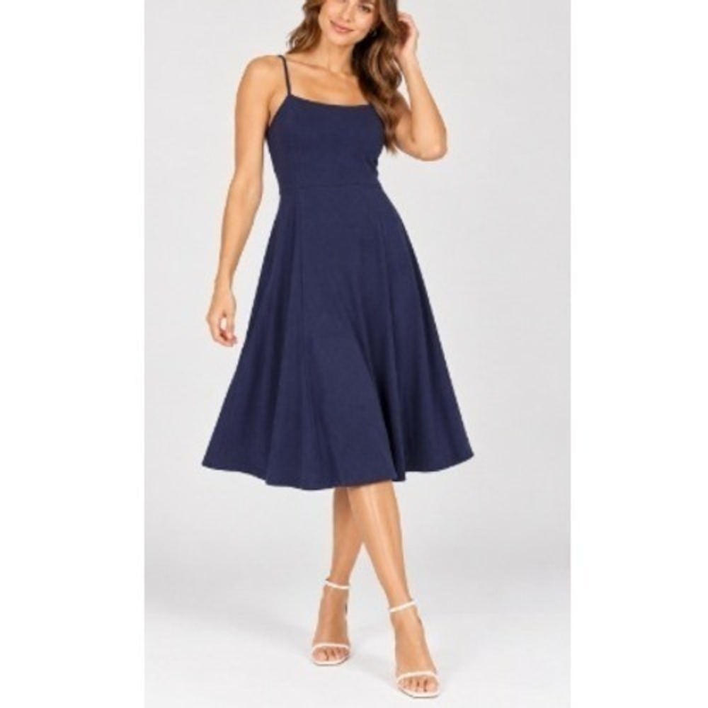 Pact Women's Navy Organic Fit & Flare Midi Dress Size S NWT